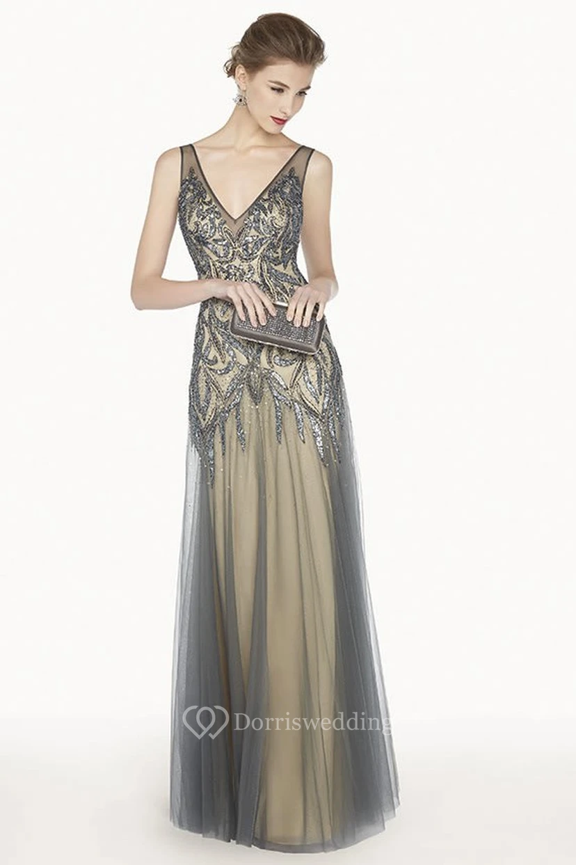 V Neck Sleeveless A-Line Tulle Long Prom Dress With Sequined Embroidery