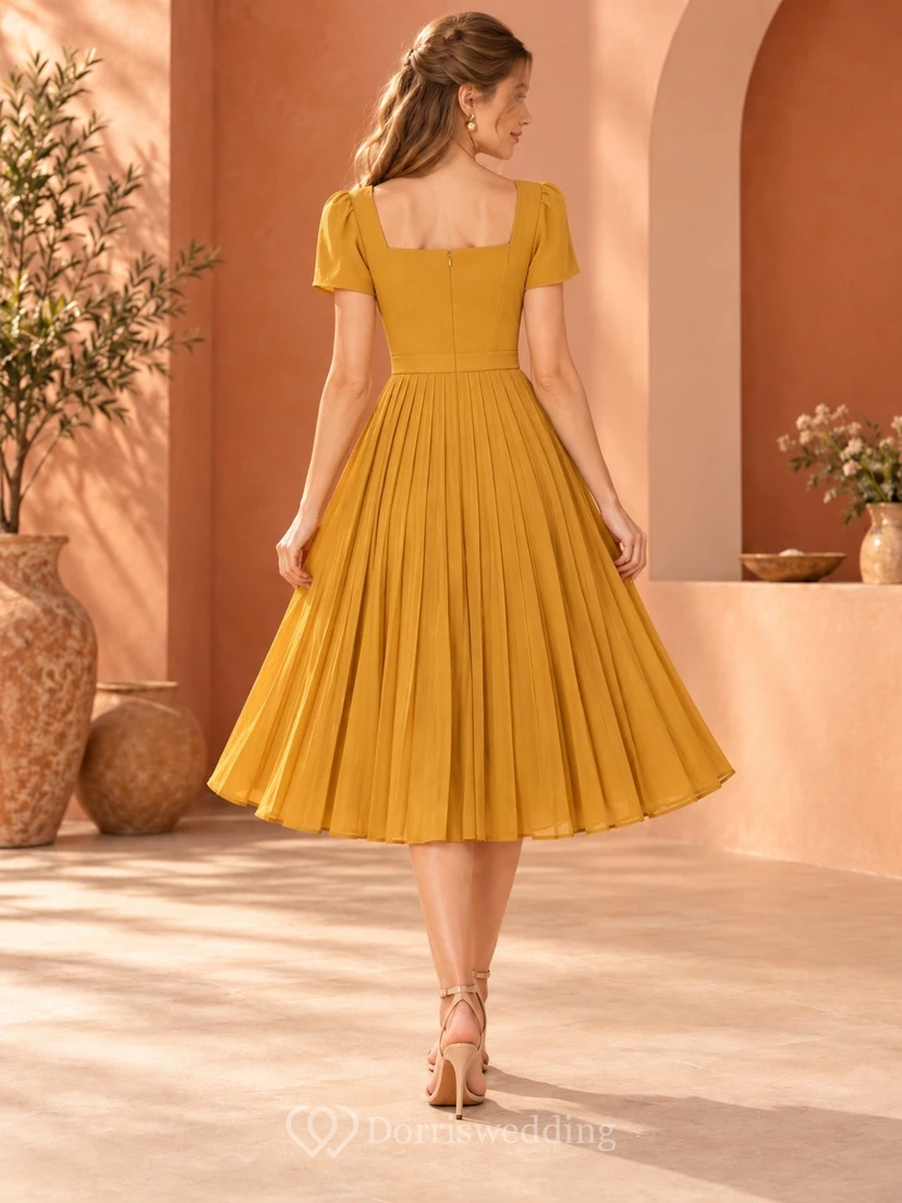 Gold Square Neck Short Sleeve Pleated Tea-length Guest Dress view 2
