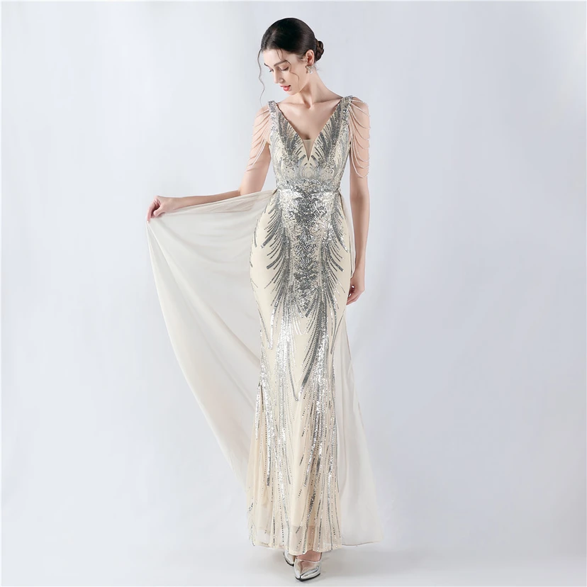 Paillettenbesetzte Blumen mit Cape-Stickerei, hochwertiges Abendkleid, ideal für die Ausrichtung der Jahrestagung view 52
