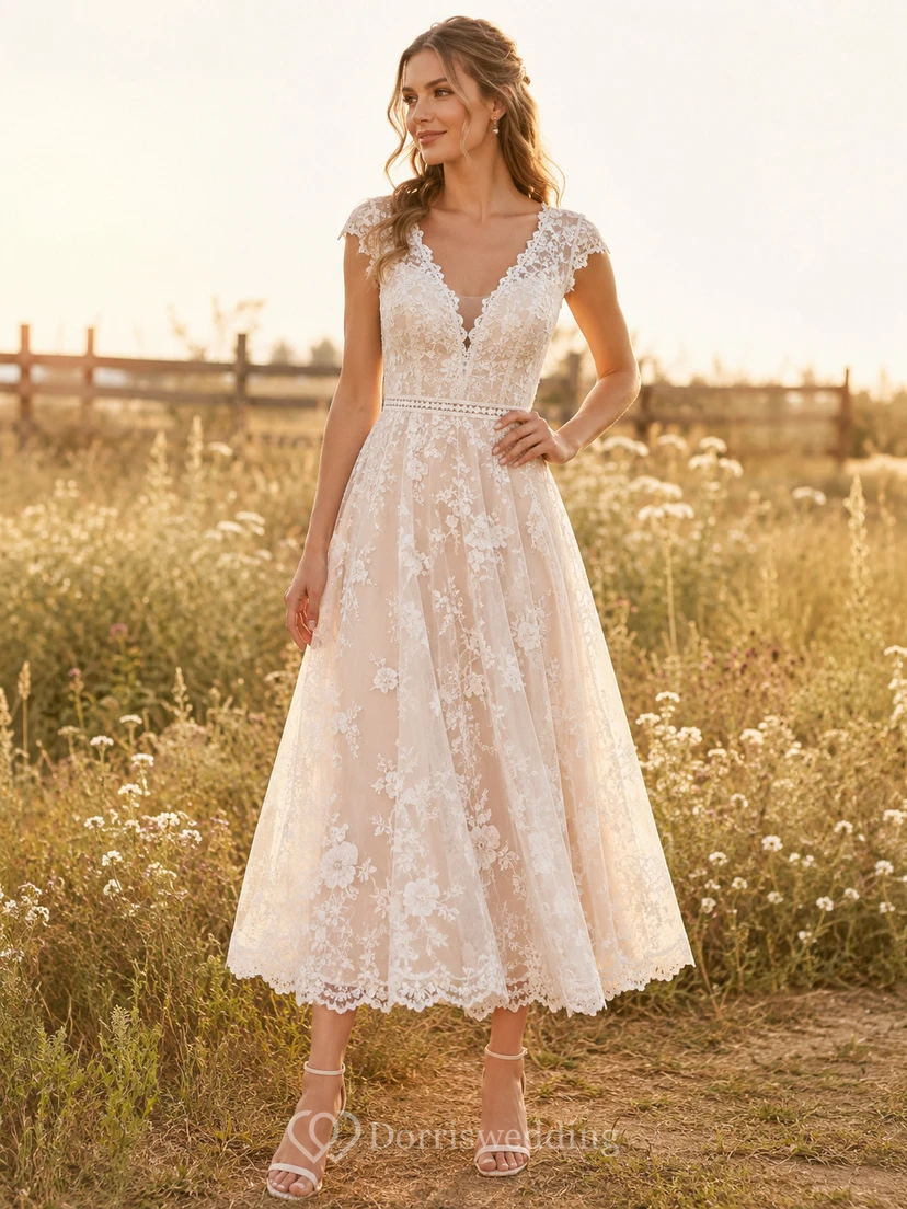 Vestido de novia bohemio de encaje con escote en V y mangas cortas, largo hasta la rodilla, estilo campestre, ideal para bodas en jardines.