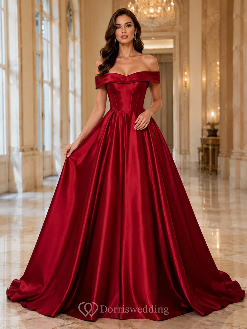 Vestido de noche de satén rojo con hombros descubiertos
