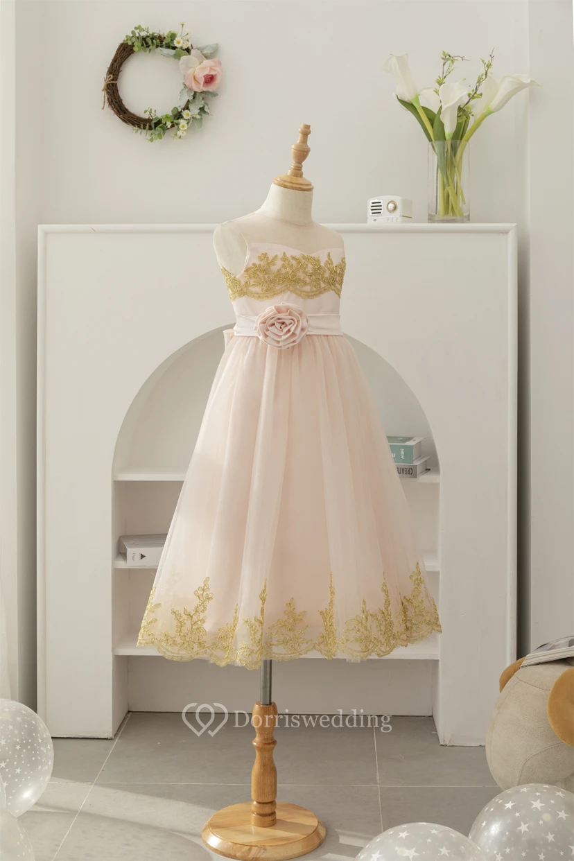 Jewel-neck Two-Tone Applique A-line Tulle Empire Flowergirl Dress view 4