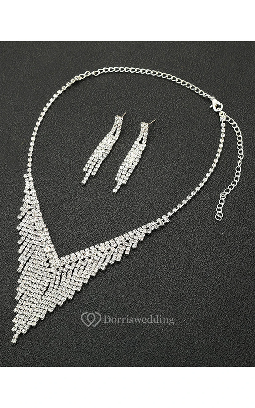Classic Bridal and Evening Party Rhinestone Necklace and Earrings Jewelry Set view 3