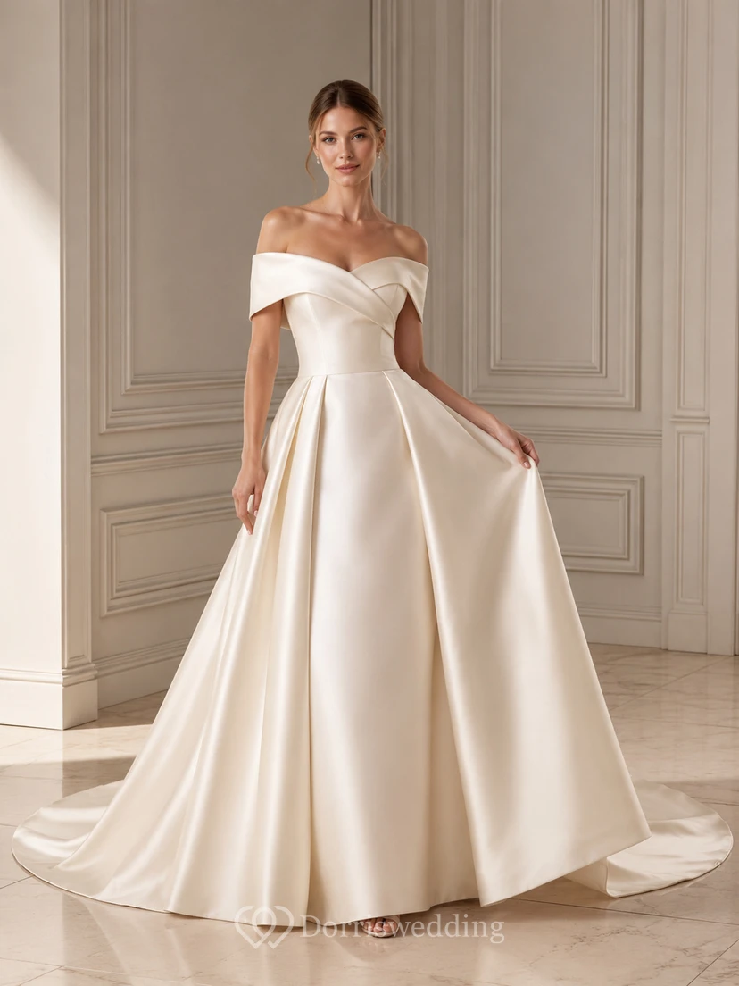 Robe de mariée longue en satin plissé à épaules dénudées et plissée, style bal, longueur au sol