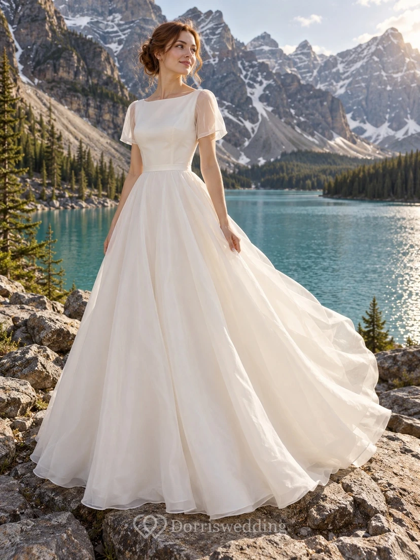 Sencillo vestido de novia de organza con escote barco, manga corta, falda amplia en línea A y espalda abotonada.