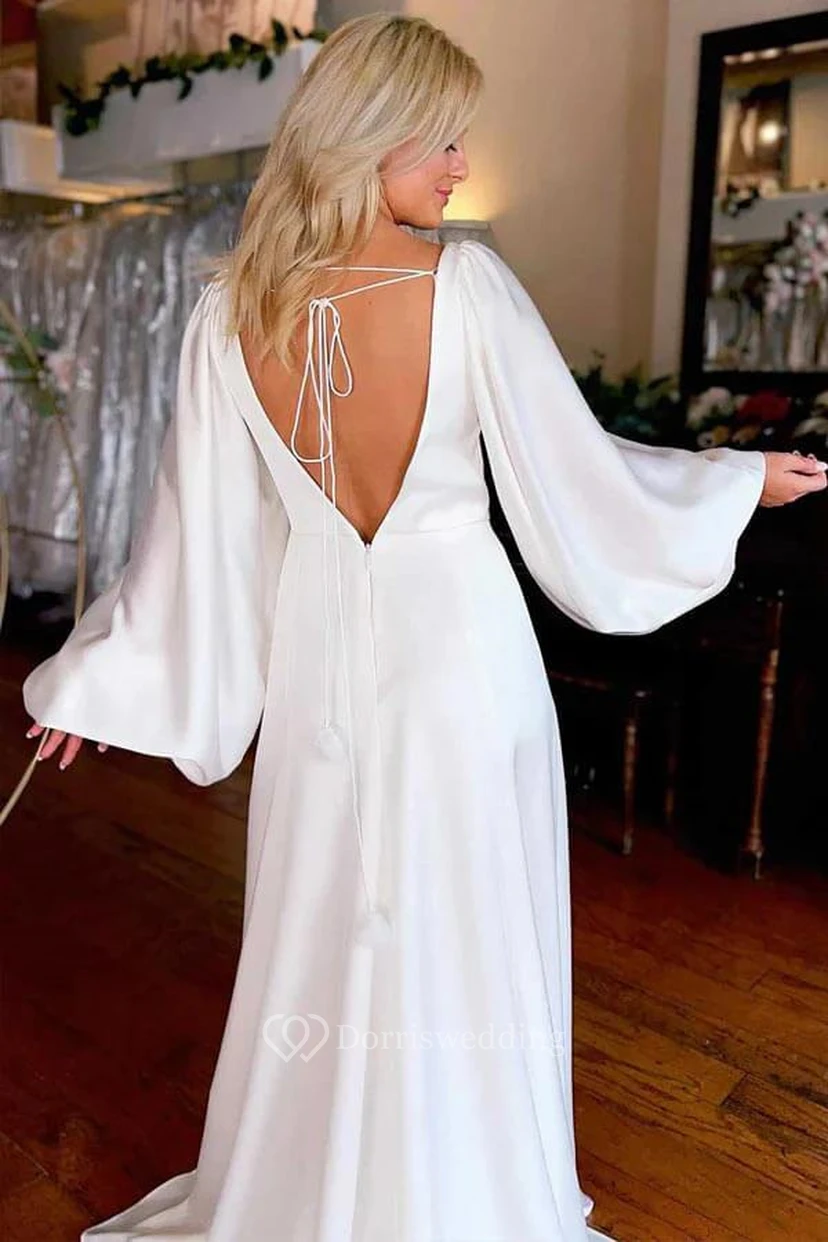 Lässiges Brautkleid mit V-Ausschnitt am Rücken, Puffärmeln, langem Vorderschlitz und tiefem V-Ausschnitt am Rücken view 2