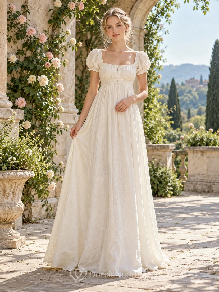 Robe de mariée longue empire à col carré simple et manches bouffantes, style Régence, pour une fugue amoureuse
