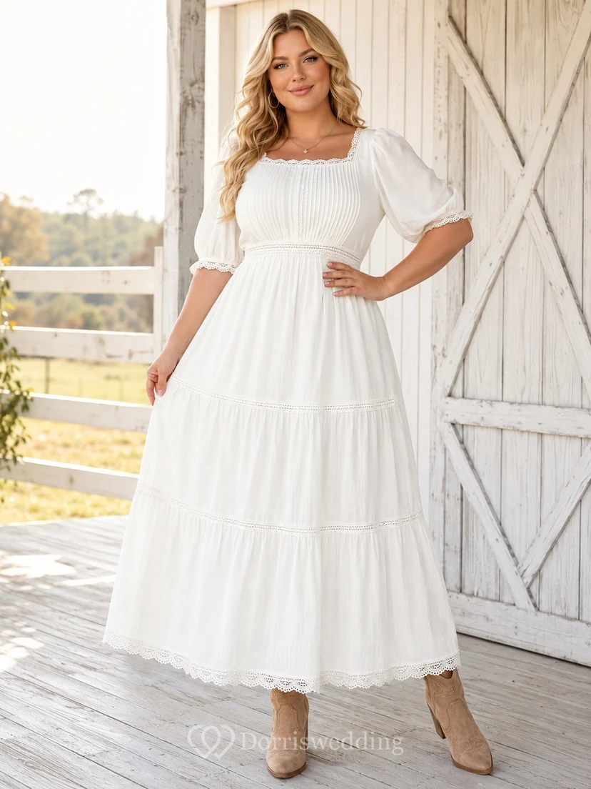 Plus Size Western Cotton Kleid mit Dreiviertel-Puffärmeln, eckigem Ausschnitt und Stufenrock in Teelänge,