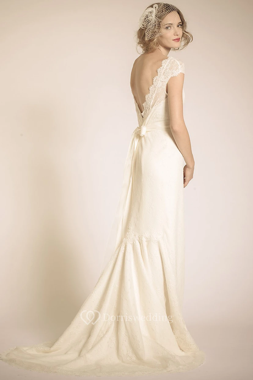 Sheath V-Neck Floor-Length Cap-Sleeve Lace Wedding Dress With Flower And Deep-V Back view 2