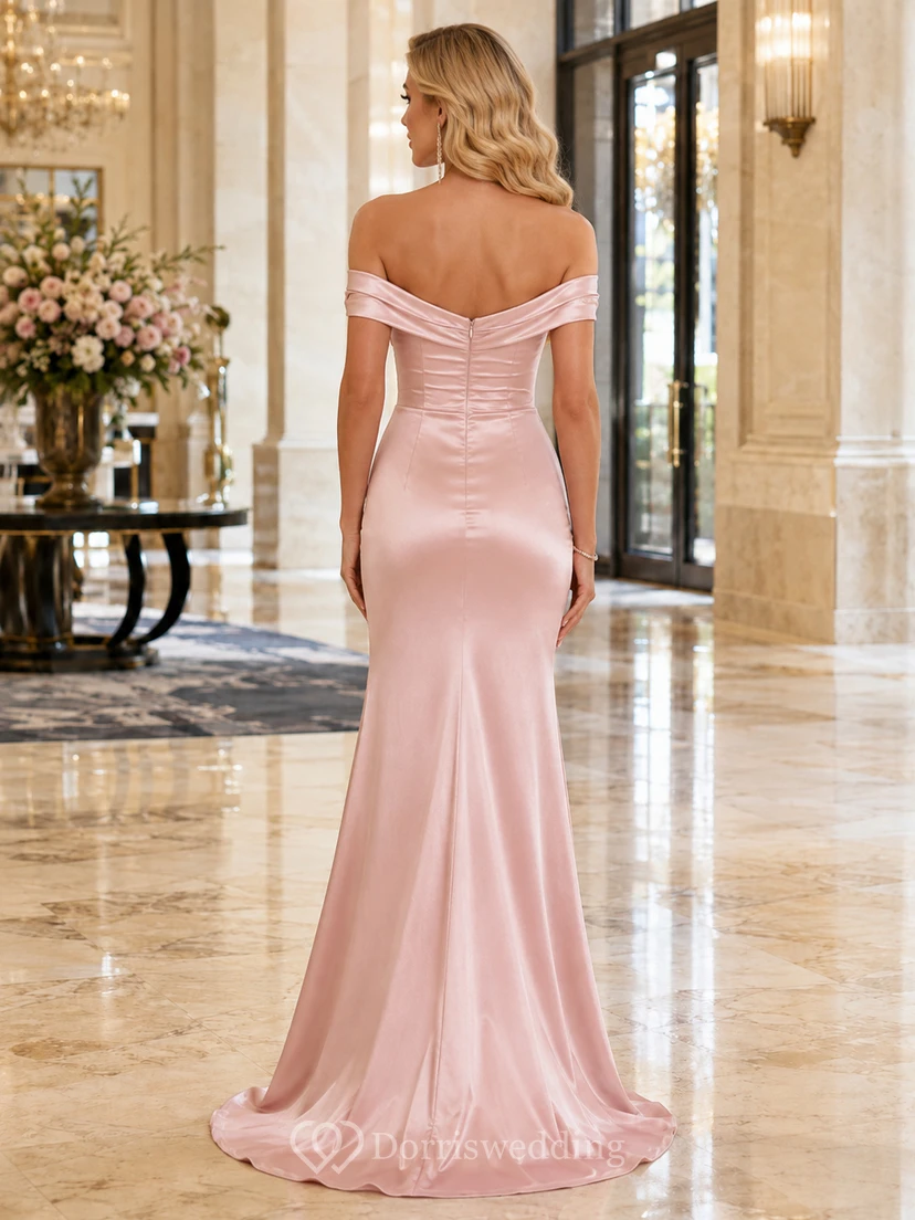 Blush Satin Off Shoulder Slit Mermaid Evening Dress view 2