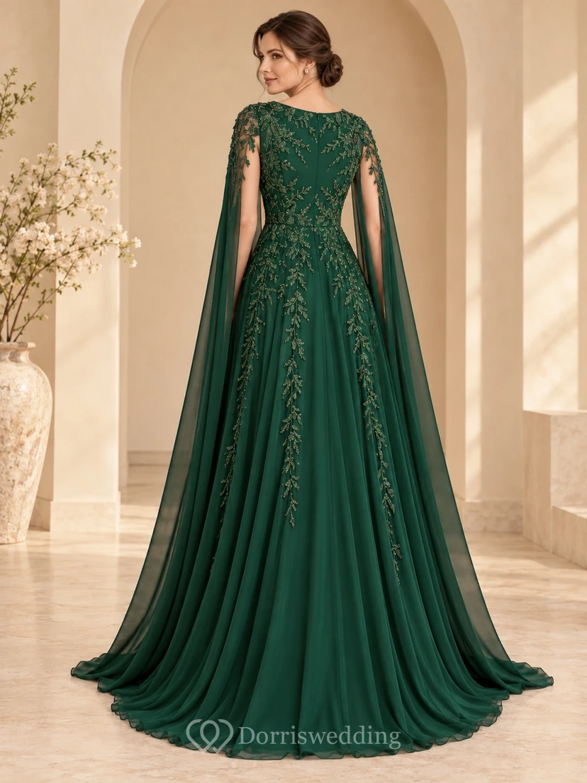 Dark Green Jewel Neck Embroidered Cape Back A Line Evening Dress view 2