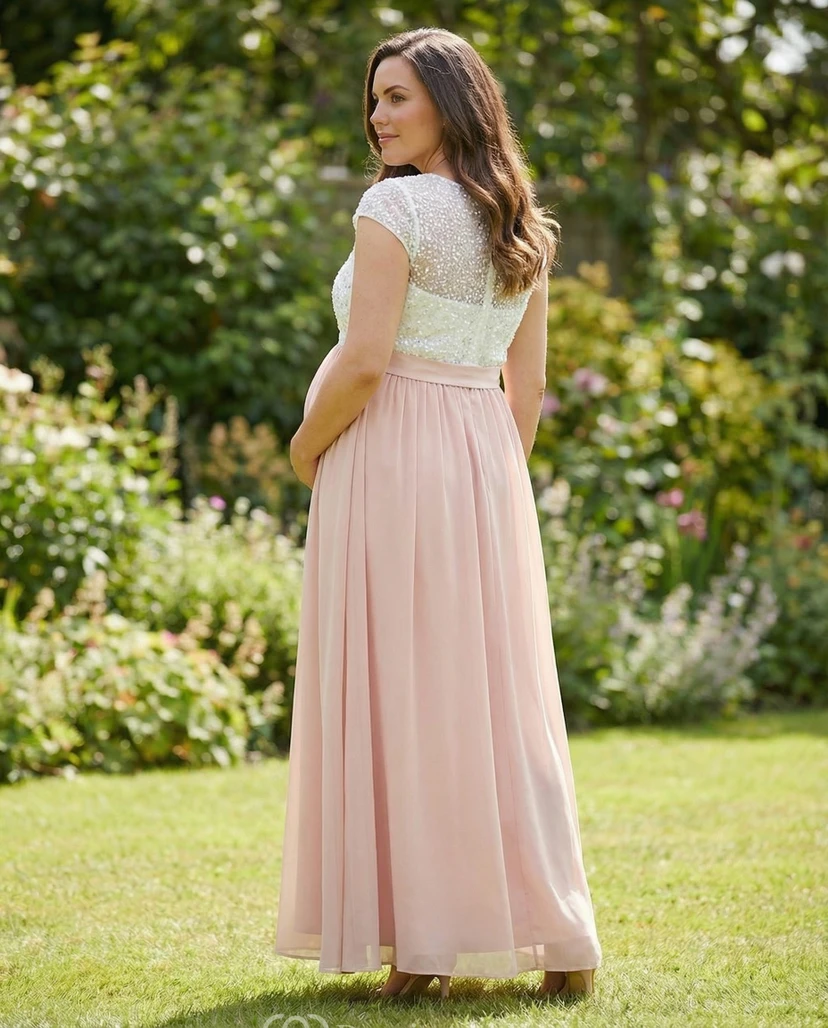 Maternity Bridesmaid Dress with White Lace Bodice, Cap Sleeves & Chiffon A-Line Skirt view 2