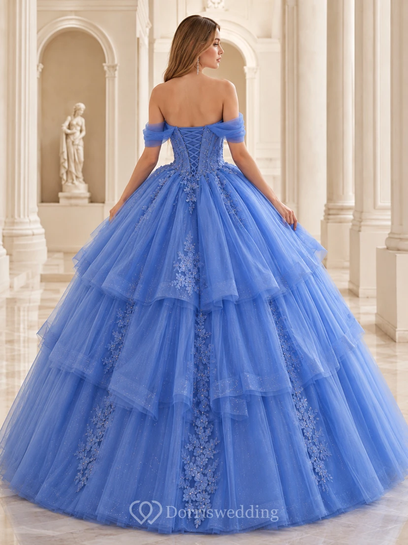 Robe de bal spectaculaire bleu roi à épaules dénudées, décolleté cœur et tulle cascade, style quinceañera view 2