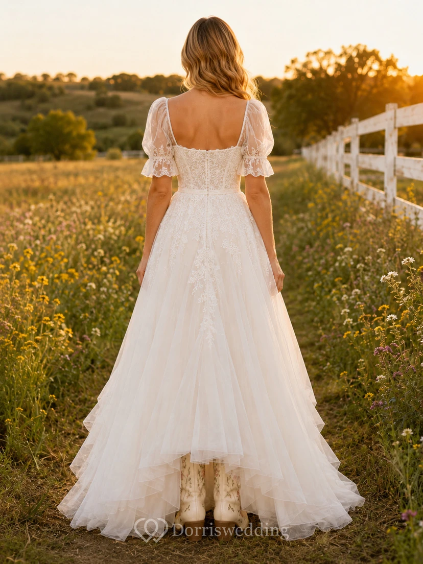 Country Boho Romantic A-Line Lace Tulle Wedding Dress with Square Neck Sweetheart Puff Sleeves Short Sleeve Floor-Length Train Appliques Low Back view 2