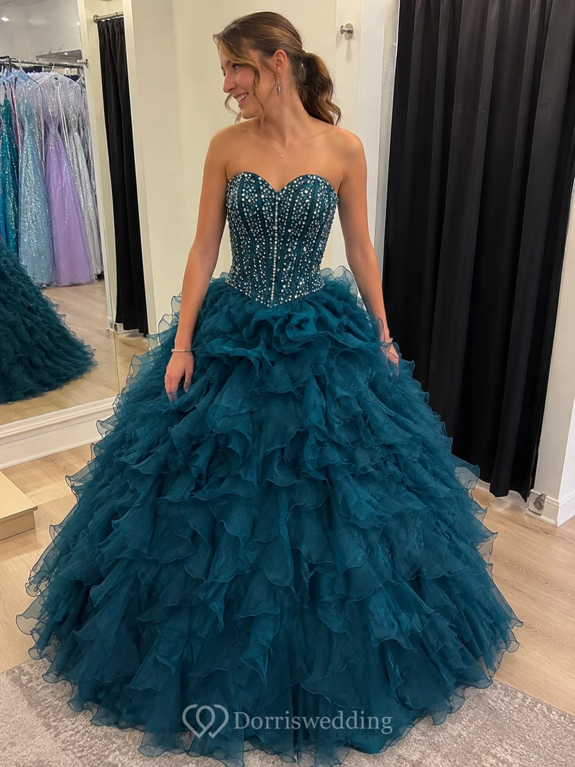 Ball Gown Floor-Length Bell Beading Ruffles Corset Back Lace Organza Dress view 8