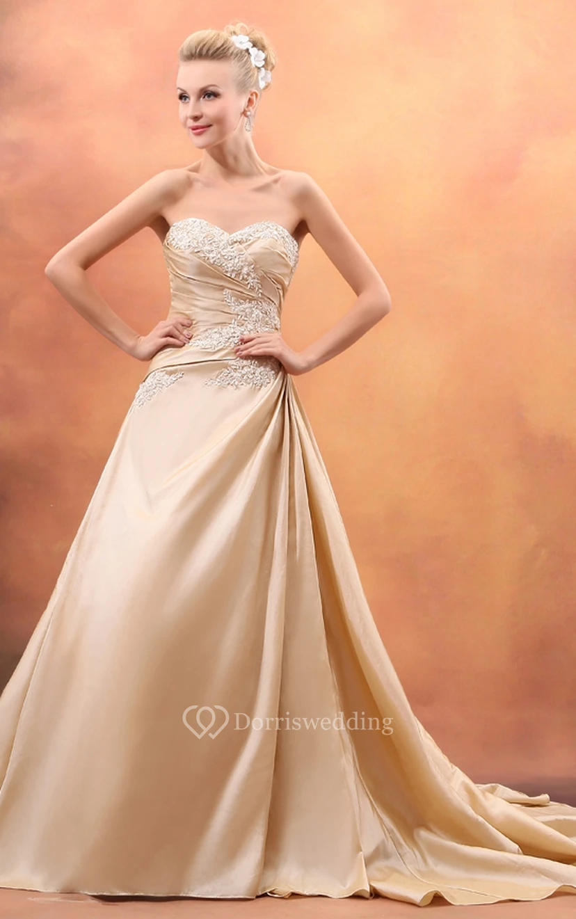 Taffeta Sweetheart A-Line Mother Of Bride Dress With Ruching and Chapel Train view 3