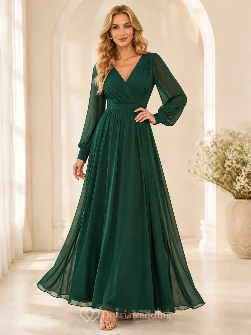 Dunkelgrünes, plissiertes Chiffon-Brautjungfernkleid mit V-Ausschnitt und Poetenärmeln, schlicht