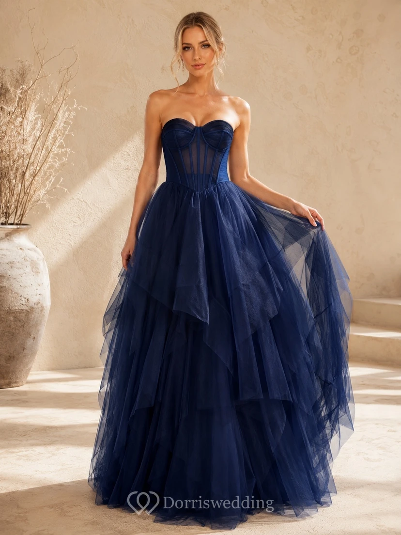 Dark Navy Strapless Layered Tulle Ball Gown Prom Dress