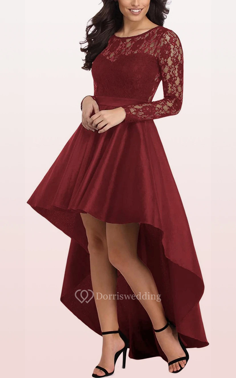 Vestido casual y sexy de manga larga con corte en A, asimétrico, de encaje tafetán y volantes.
