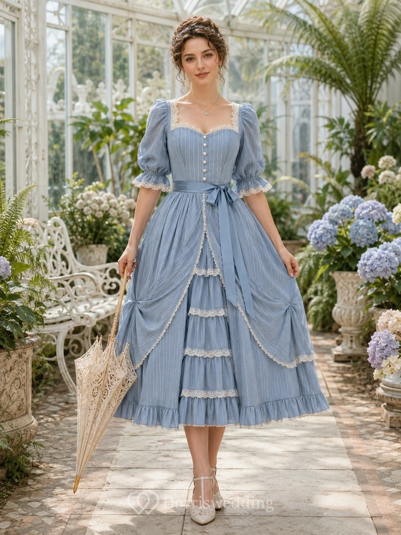 Vintage stahlblaues, eckiges A-Linien-Gartenkleid mit halben Ärmeln und Stufenrock in Teelänge