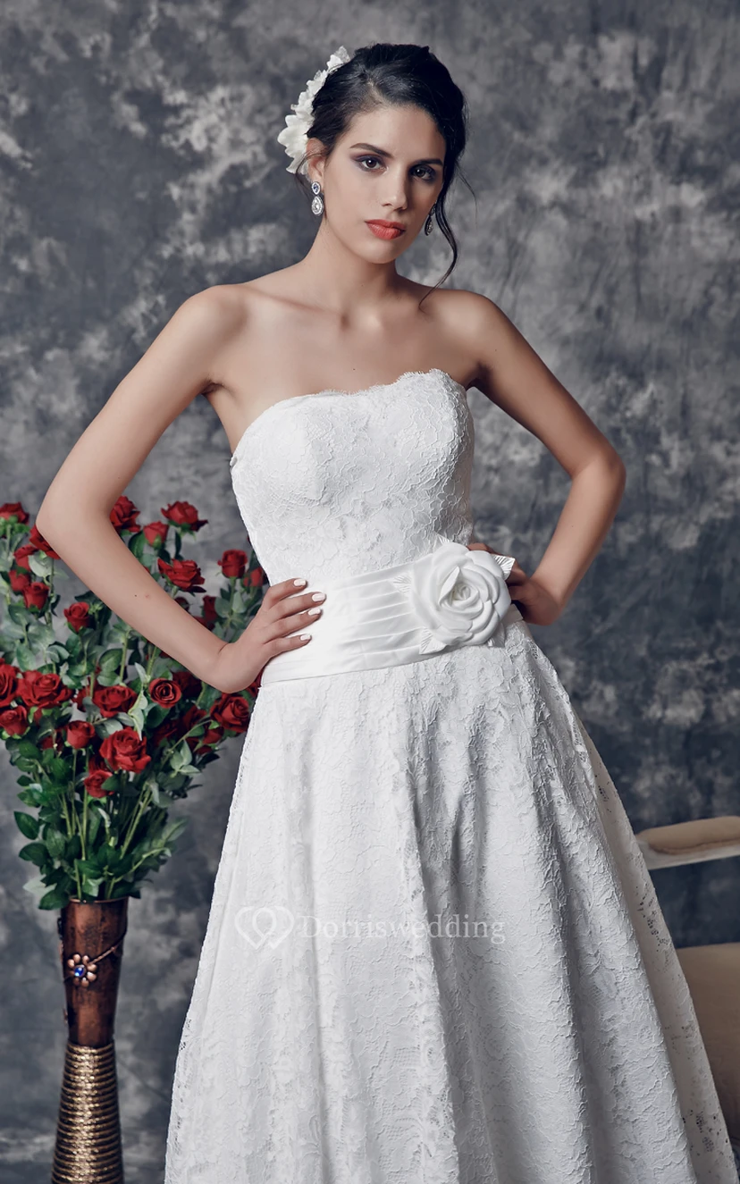 Delicate Strapless Tea Length Lace Dress With Floral Ruched Waistline view 4