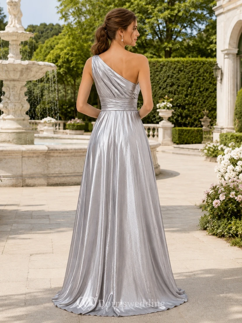 Silver Evening Dress A-Line Satin One-Shoulder Draped Elegant Luxury Gown view 2