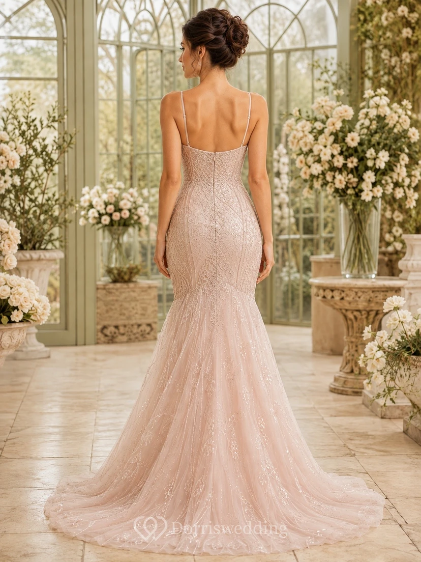 Mermaid Spaghetti V Neck Tulle Sweep Train Luxury Formal Dress view 2