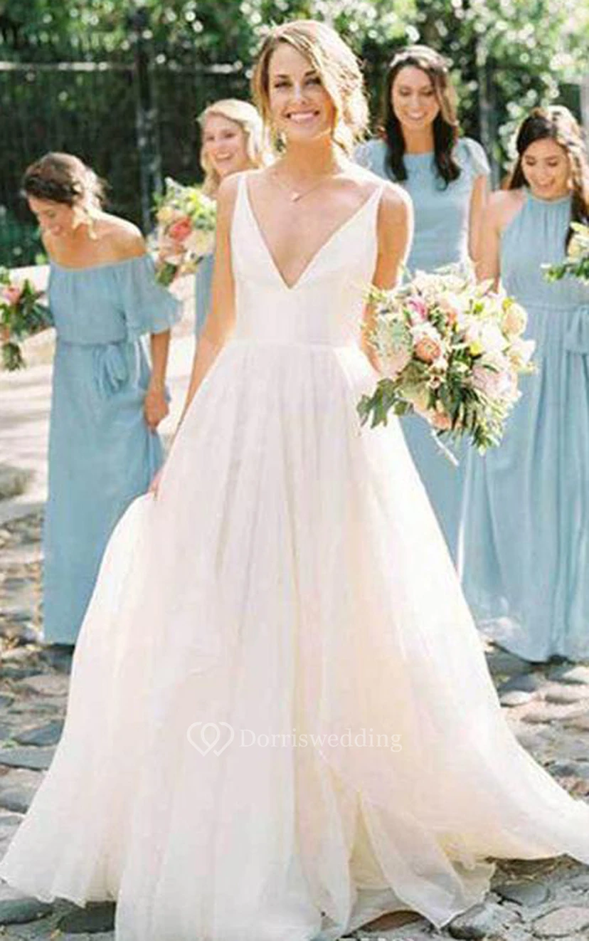 V-Ausschnitt, Tüll-Satin, A-Linien-Ballkleid, bodenlang, ärmellos, Hochzeitskleid