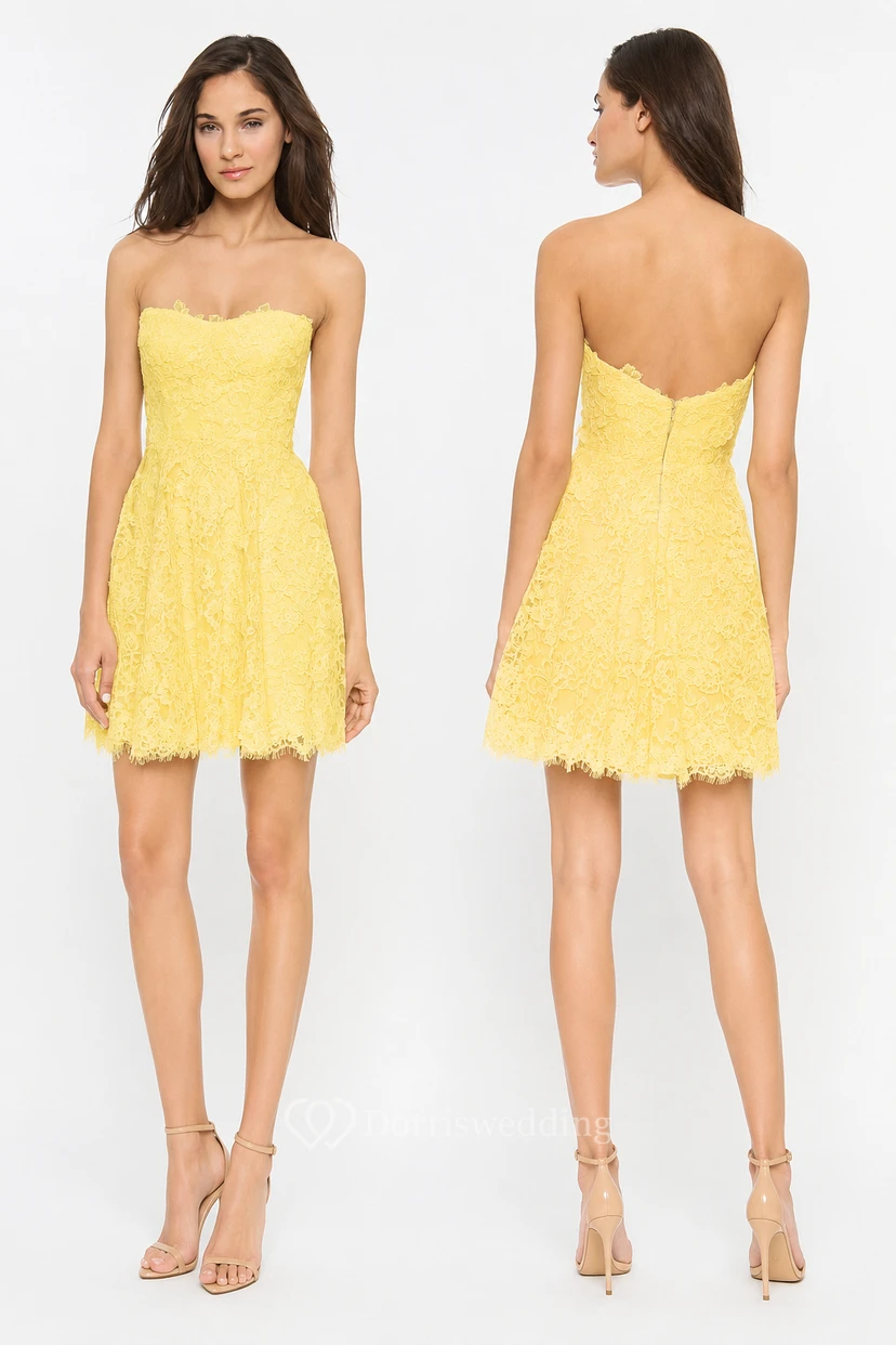Short Strapless A-line Lace Dress With Low-V Back Style view 19