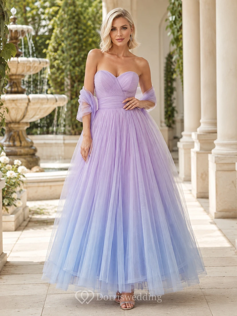 Lavendelfarbenes, trägerloses, herzförmiges Abendkleid aus Ombré-Tüll in A-Linie, romantisch