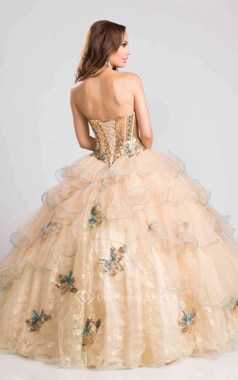Ballkleid aus Spitze und Organza mit Rüschen und Perlenblumen view 2