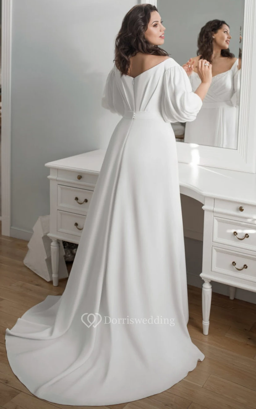 Vestido de novia modesto de talla grande, de gasa, con escote redondo, mangas abullonadas y corte imperio fruncido. view 2