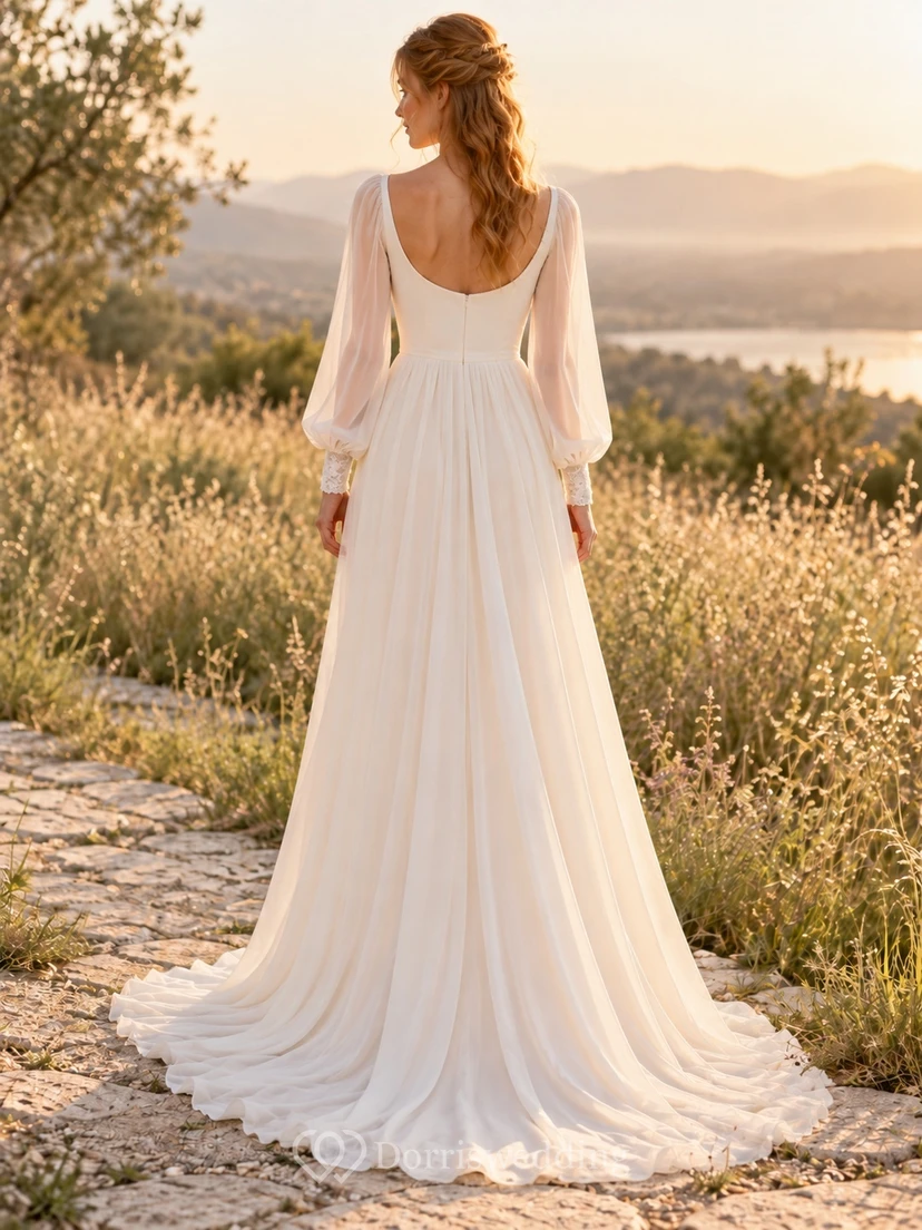 Vestido de novia bohemio sencillo de gasa fluida con mangas largas y escote redondo view 2