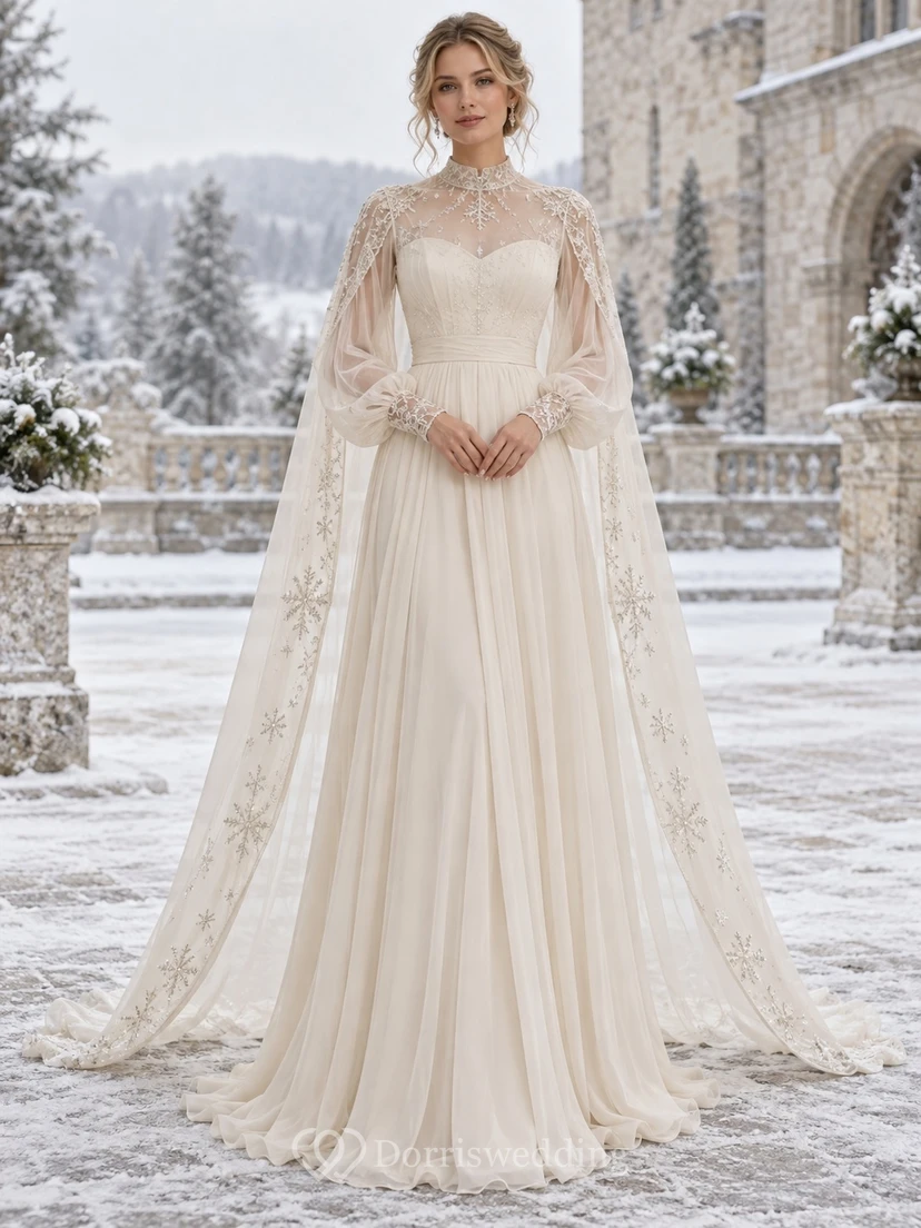 Elegantes, langärmeliges Brautkleid mit Stehkragen aus Chiffon und Spitze