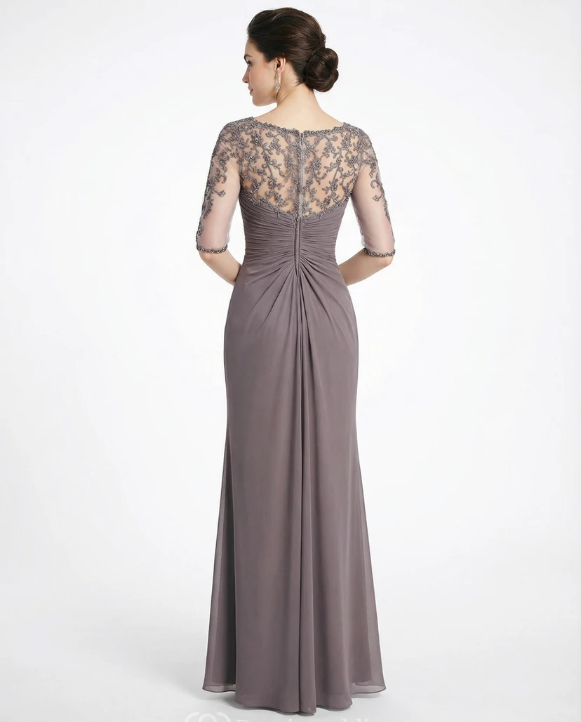 Ruched Bateau Neck Half Sleeve Chiffon Gown view 2