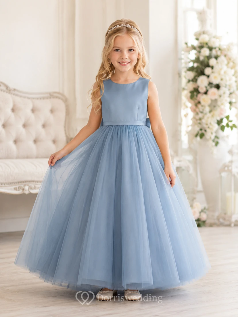 Dusty Blue Tulle A-Line Flower Girl Dress with Jewel Neck, Floor-Length Skirt and Bow Detail