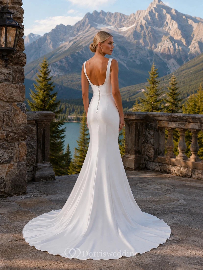 Robe de mariée sirène en crêpe à fines bretelles et encolure carrée, idéale pour un mariage à la montagne view 2