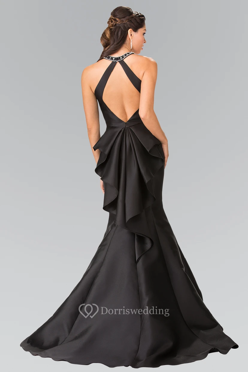 Mermaid Long Scoop-Neck Sleeveless Satin Straps Dress With Beading And Draping view 2