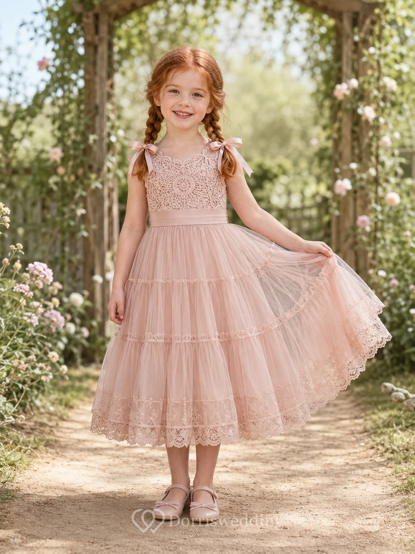 Blush Boho Sleeveless Crochet Lace Tulle Tiered Flower Girl Tea-Length Garden Dress