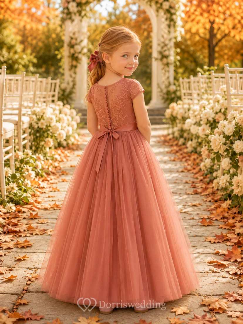 Flower Girl Dress A-Line Papaya Lace Tulle Cap Sleeve Formal Garden view 2