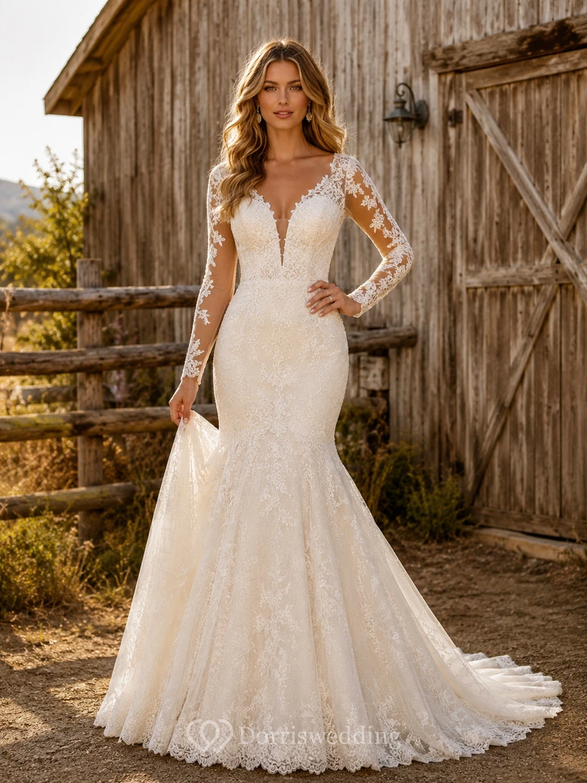 Robe de mariée sirène en tulle et dentelle champêtre, col V, manches longues et traîne chapelle