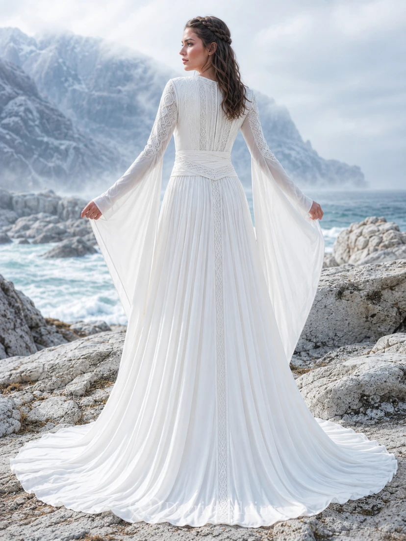 Viking Inspired V-Neck Long Wing Cape Sleeve Chiffon A-Line Sweep Train Wedding Gown view 2