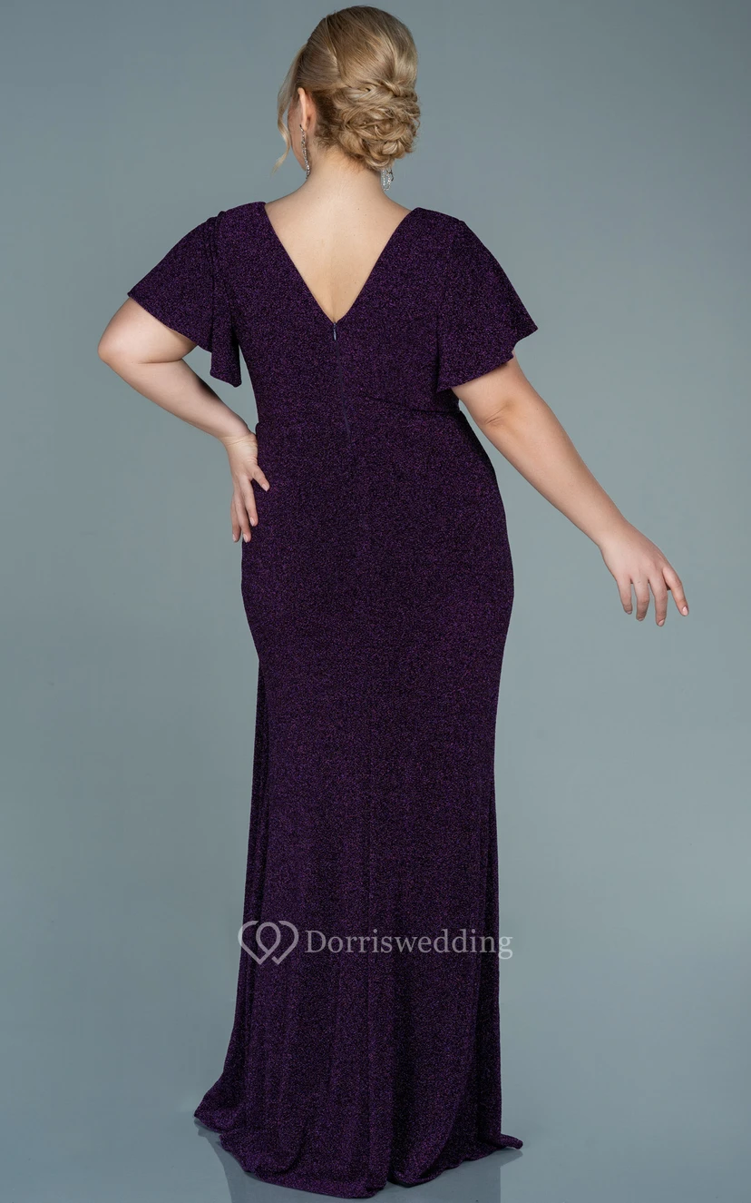 Poet-sleeve V-neck Sequin Ruched Slit Front Plus Size Evening Dress view 9
