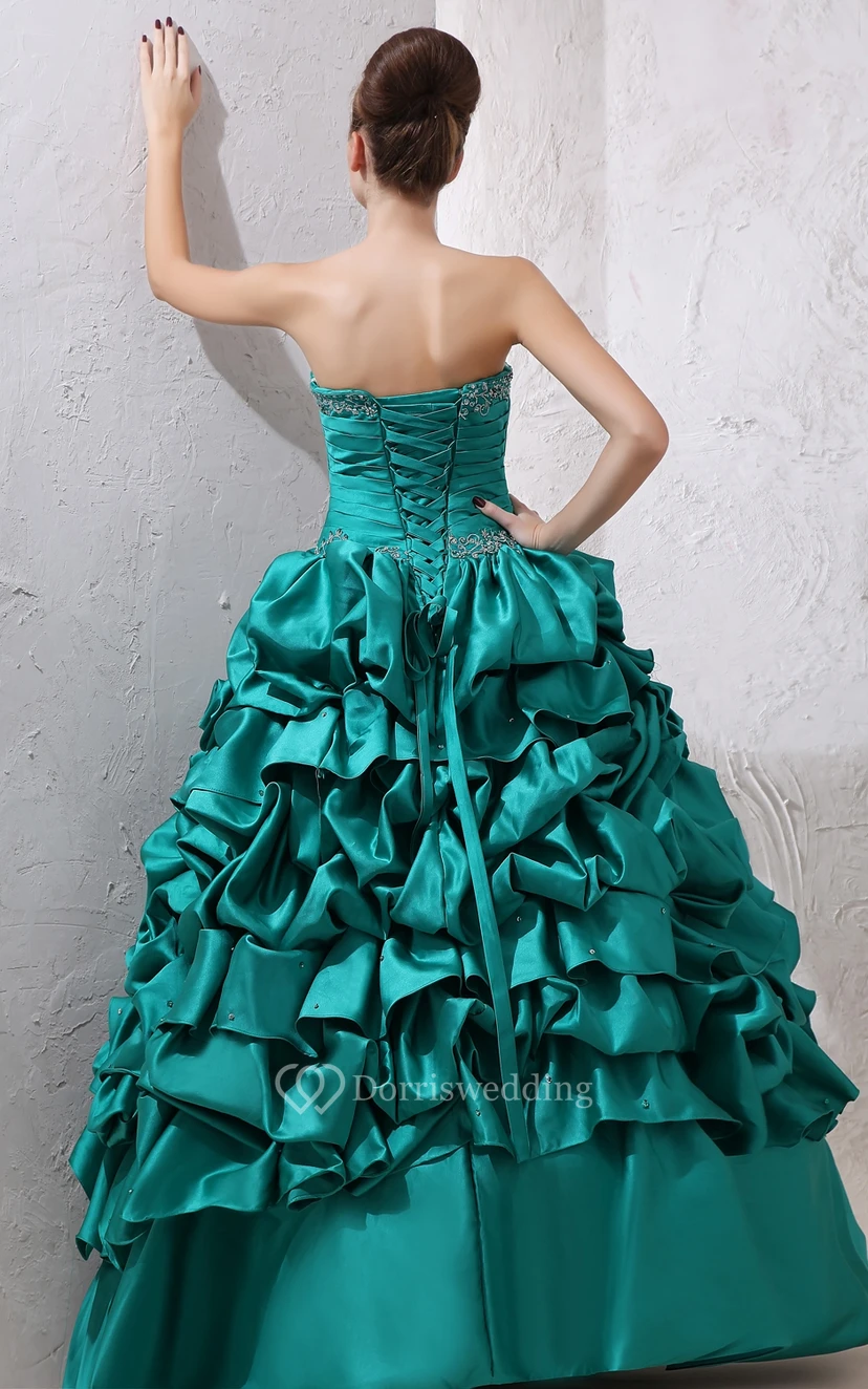 Satin Strapless Ball Gown With Ruffles and Criss-Cross Ruching view 3