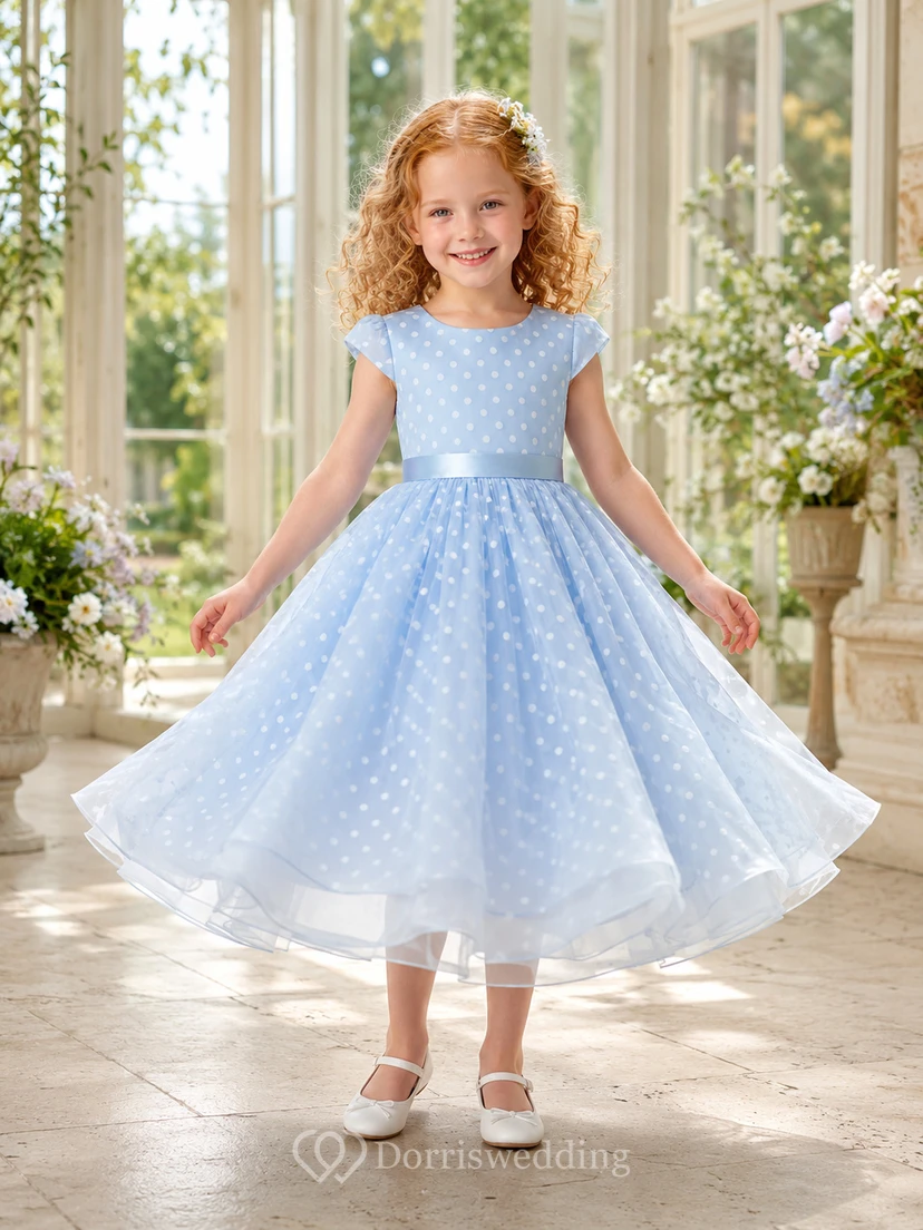 Sky Blue Polka Dot A-Line Tulle Flower Girl Dress, Short Sleeve Cap, Jewel Neck, Pleated Tea-Length Garden