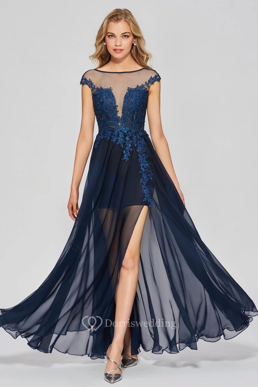 A-line Sexy Split Front Bateau Chiffon Gown With Lace Appliques And Deep V-back