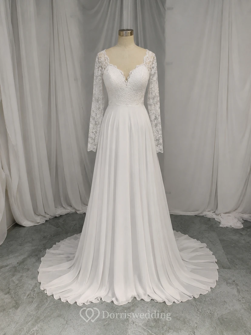 Lässiges Chiffon-Hochzeitskleid mit V-Ausschnitt und langen Ärmeln view 7