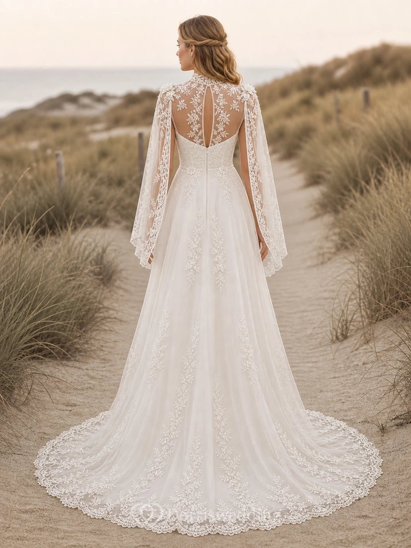 Vestido de novia bohemio de manga larga, corte A, escote barco, cola catedral de encaje con alas view 2