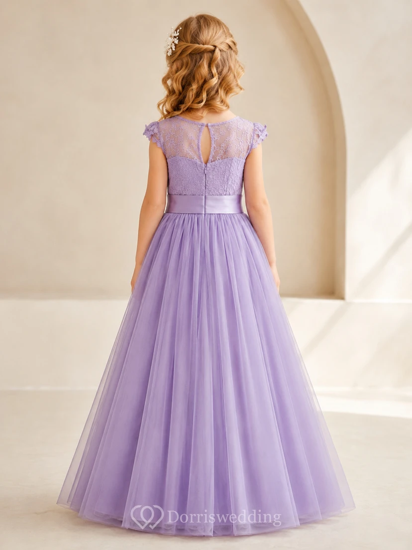 Lavender Floor Length Tulle A-Line Flower Girl Dress with Jewel Neck view 2