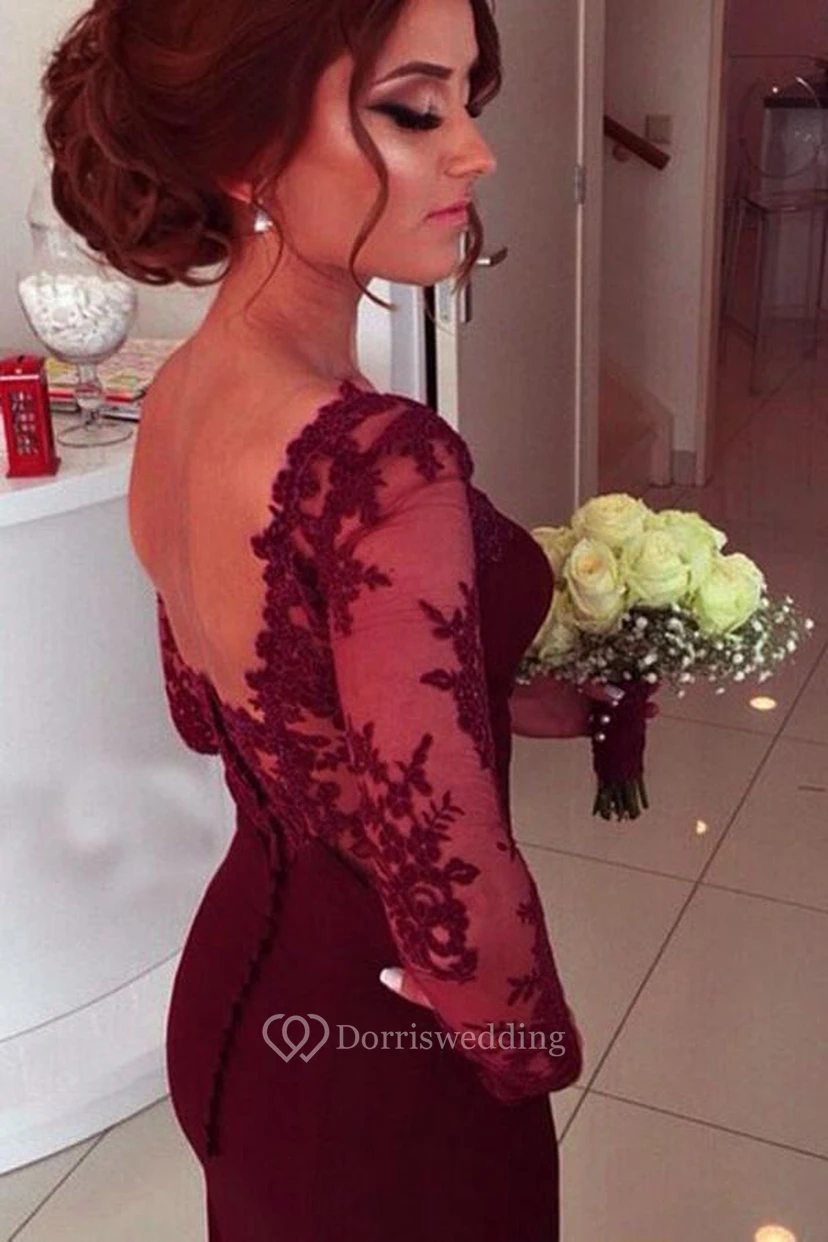 Sheath Satin Lace Sweetheart Long Sleeve Open Back Button Zipper Dress